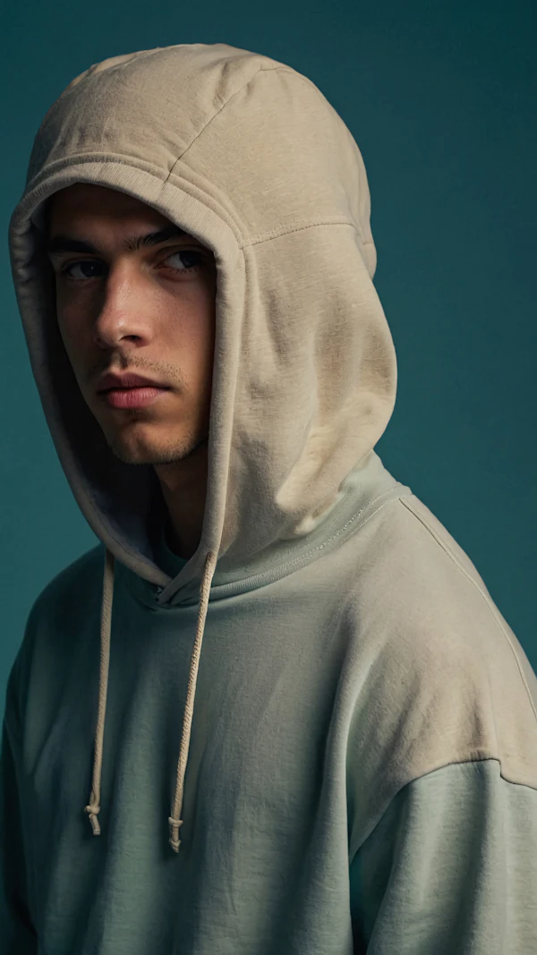 Contemplative Young Man in Beige Hoodie
