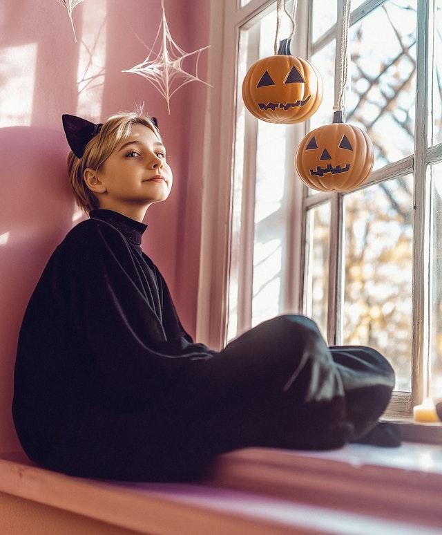 Young Person in Cat Costume on Windowsill