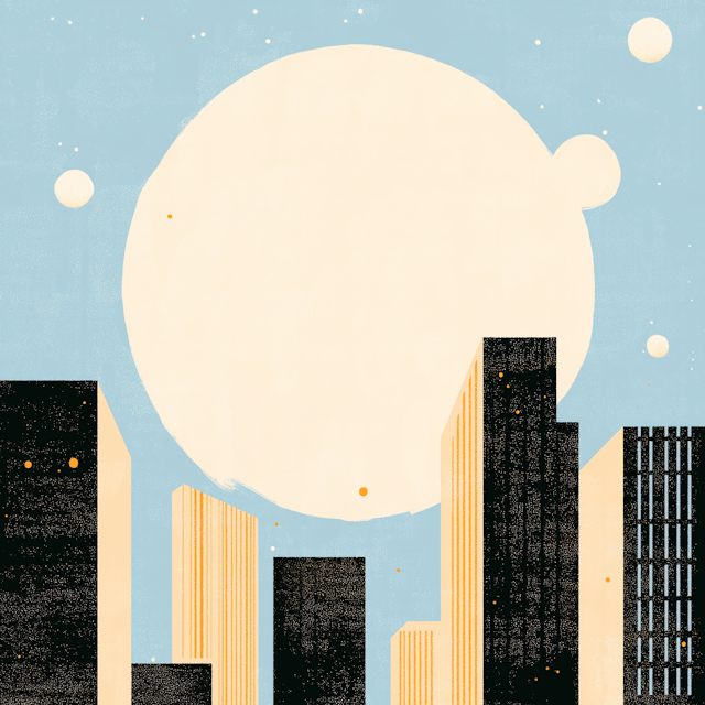 Stylized Cityscape with Celestial Elements