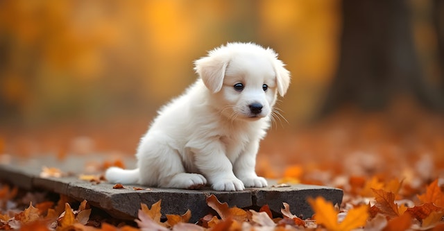 Fluffy White Puppy in Autumn Leaves