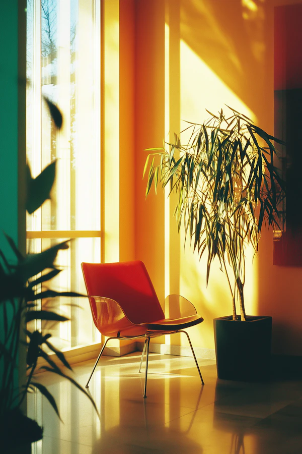 Serene Interior with Red Chair and Plant
