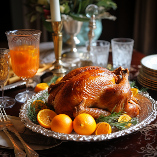 Festive Roasted Turkey with Citrus and Rosemary on a Silver Platter