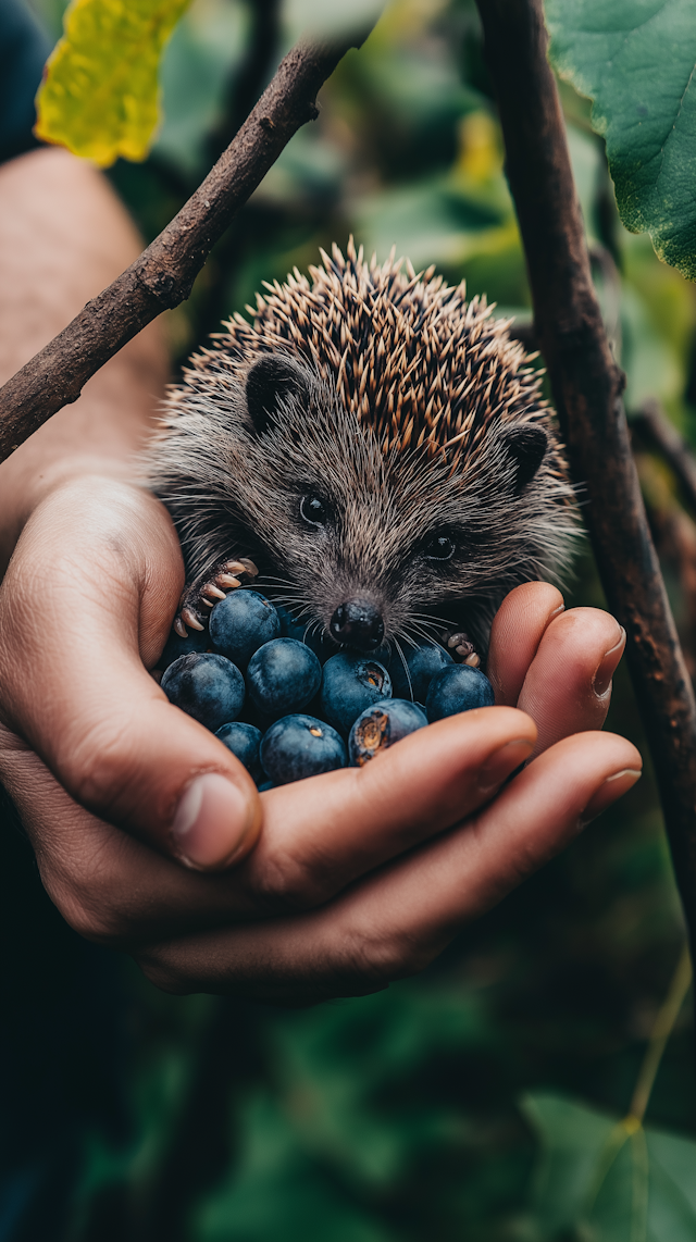 Gentle Hands Holding Hedgehog and Grapes