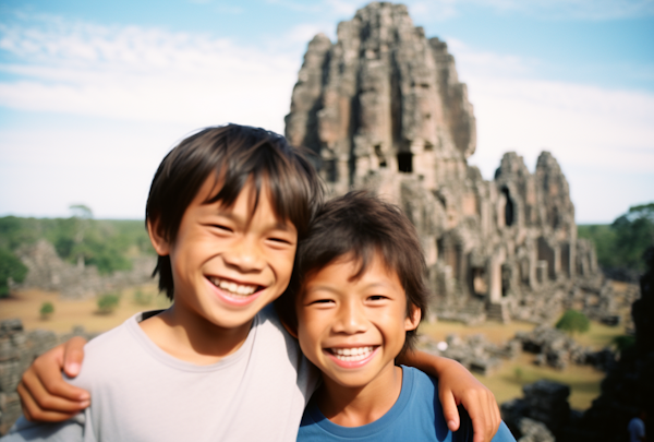 Historic Joy: Two Boys Embracing at Ancient Site