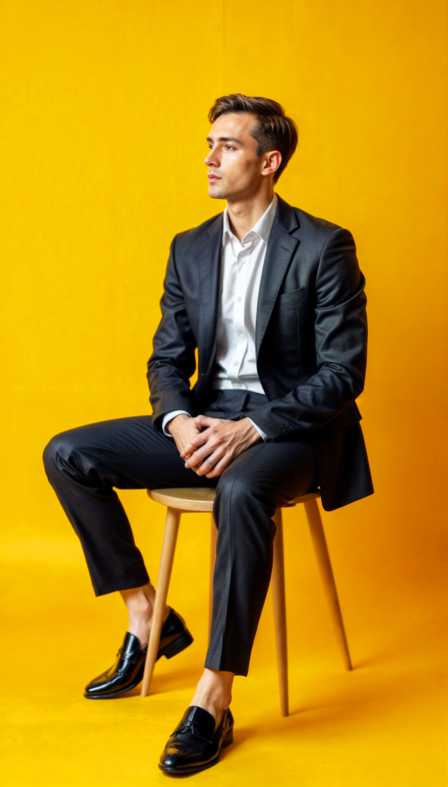 Man in Dark Suit Against Yellow Background