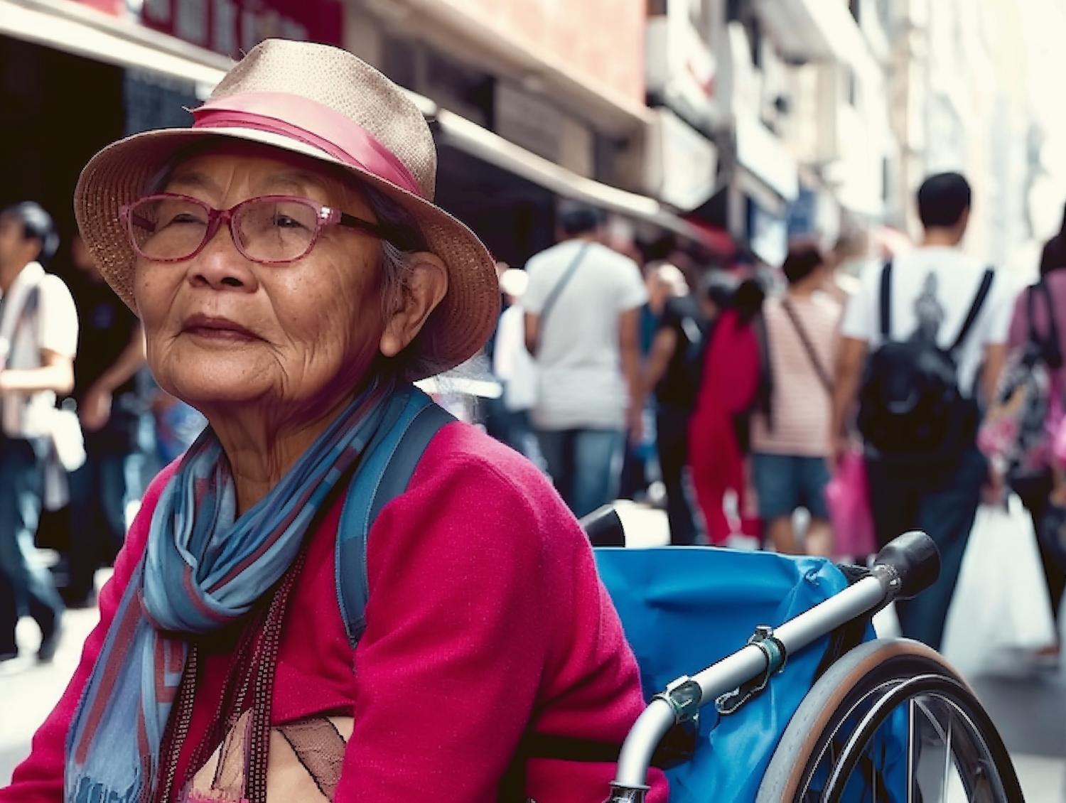 Elderly Woman in Wheelchair on Busy Street