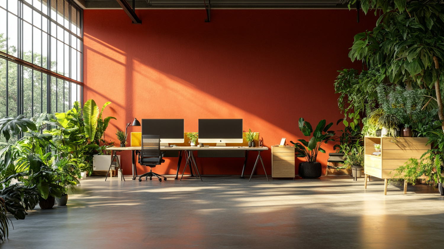 Modern Office with Red Wall and Green Plants