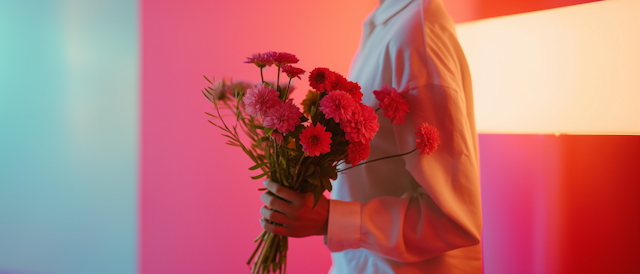 Person with Vibrant Red and Pink Bouquet