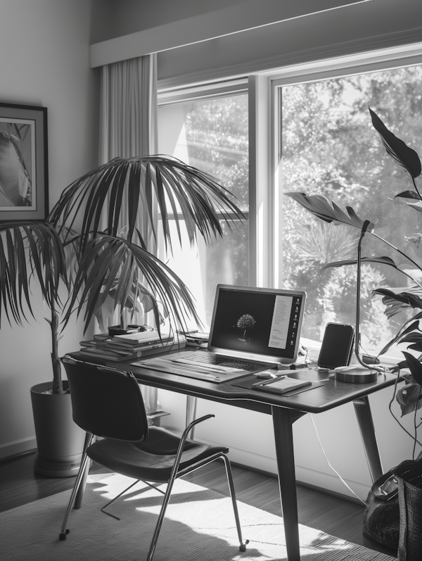 Monochromatic Home Office with Natural Elements