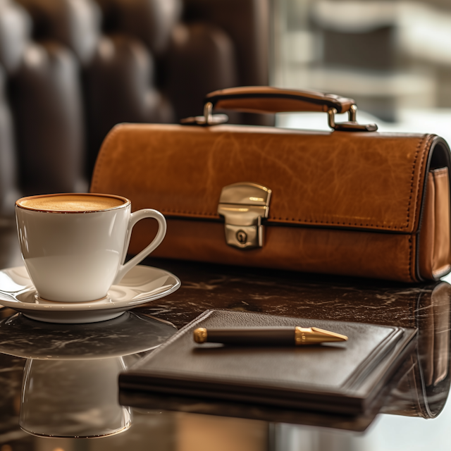 Elegant Table Setting with Coffee and Briefcase