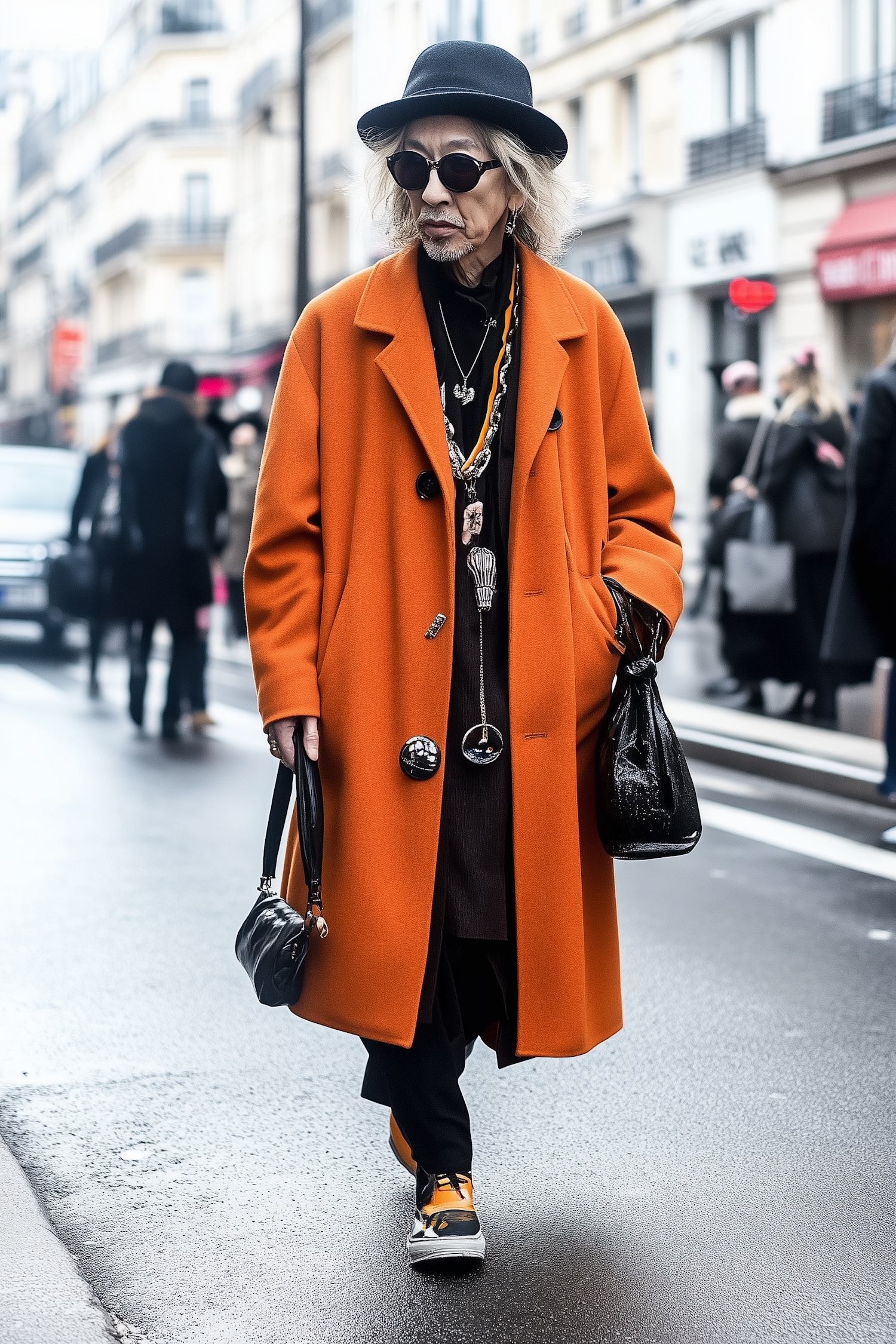 Individual in Orange Overcoat on City Street