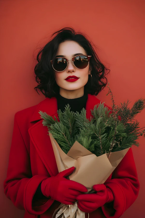 Elegant Woman with Pine Bouquet