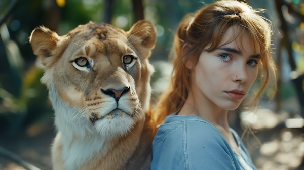 Contemplative Woman and Regal Lion