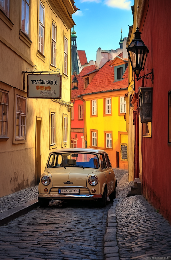 Charming European Street with Vintage Car