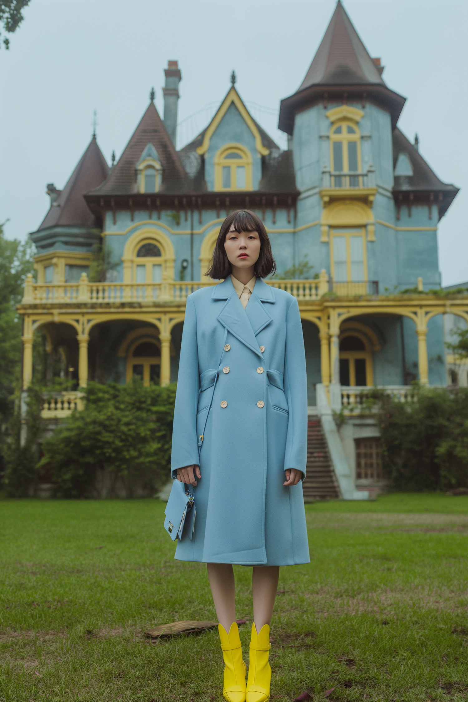 Elegant Woman Posing in Front of Victorian House