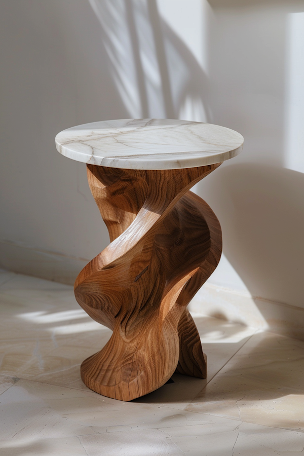 Sculptural Wooden Table with Marble Top