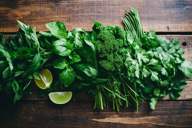 Herbal Aromatics and Citrus Freshness on a Kitchen Board