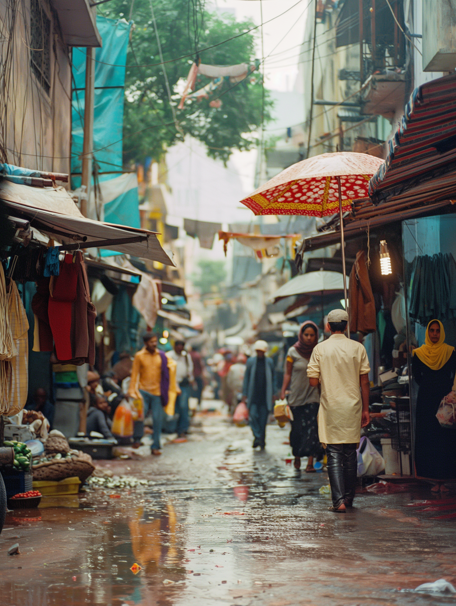 Bustling Market Street After Rainfall