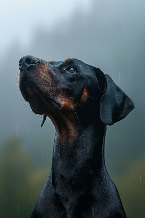 Noble Black Doberman Portrait in Rain