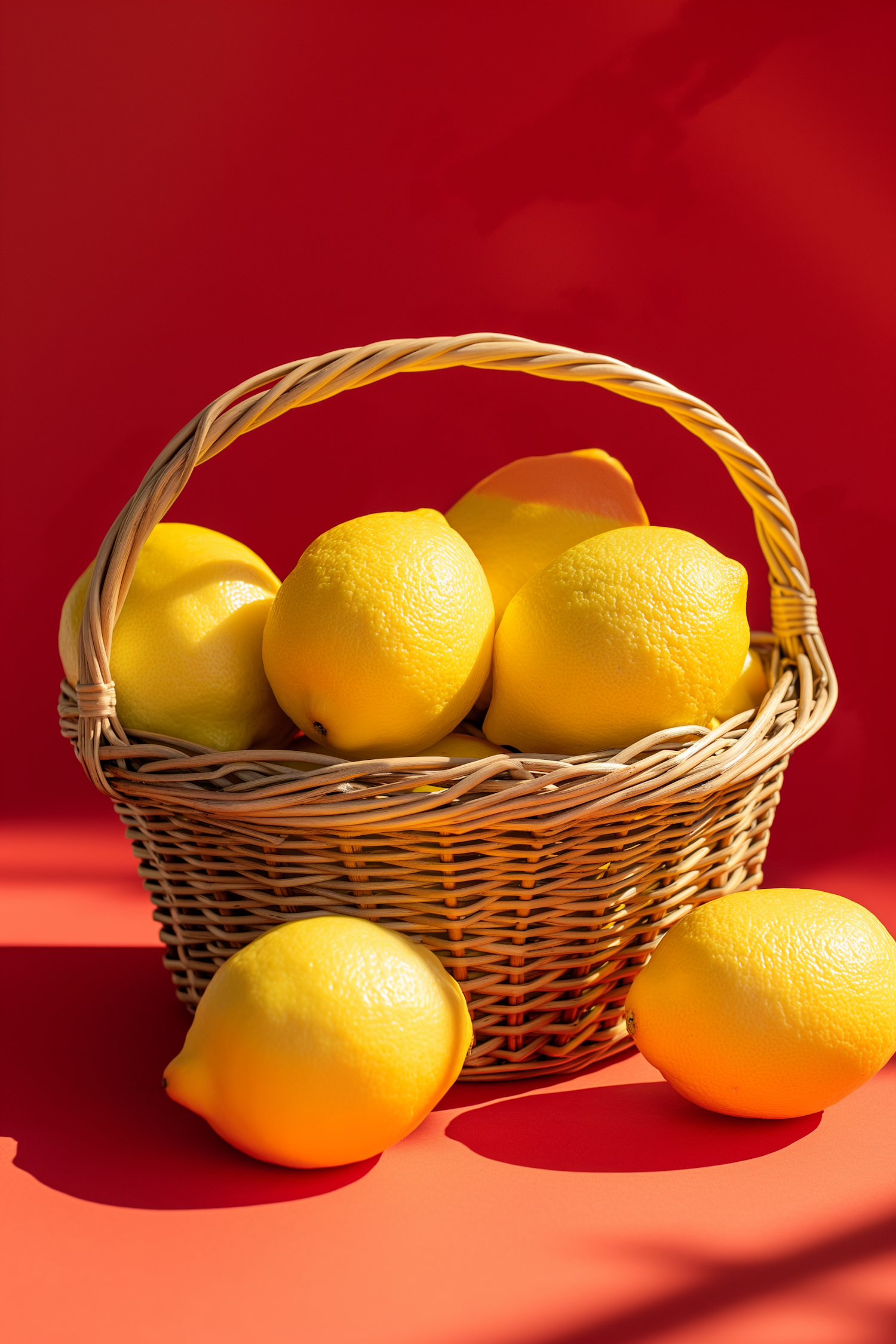 Vivid Lemons in Wicker Basket on Red