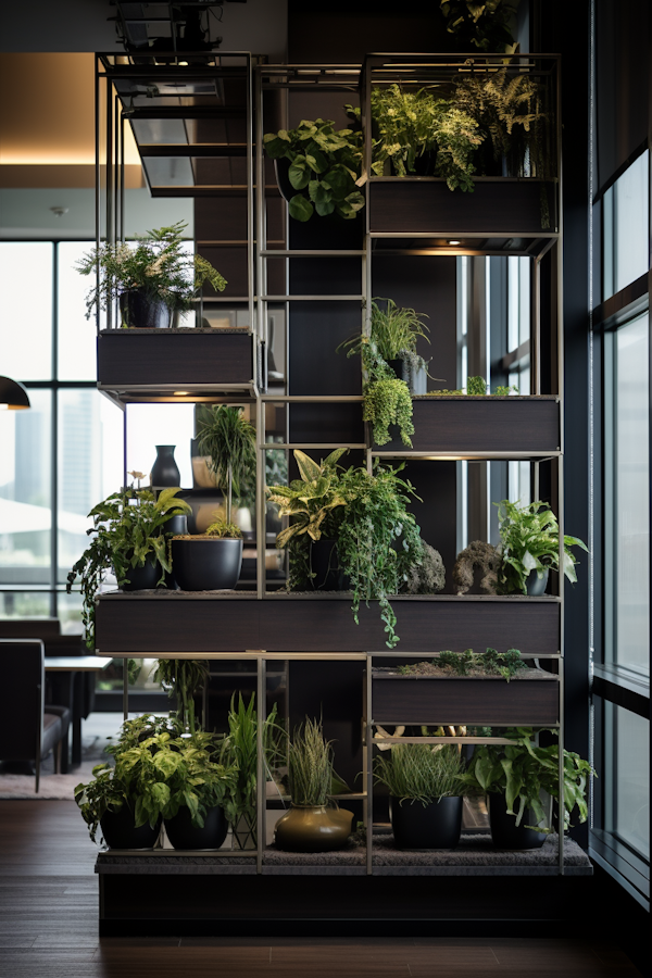 Elegant Modern Industrial Plant Shelf with Lush Greenery