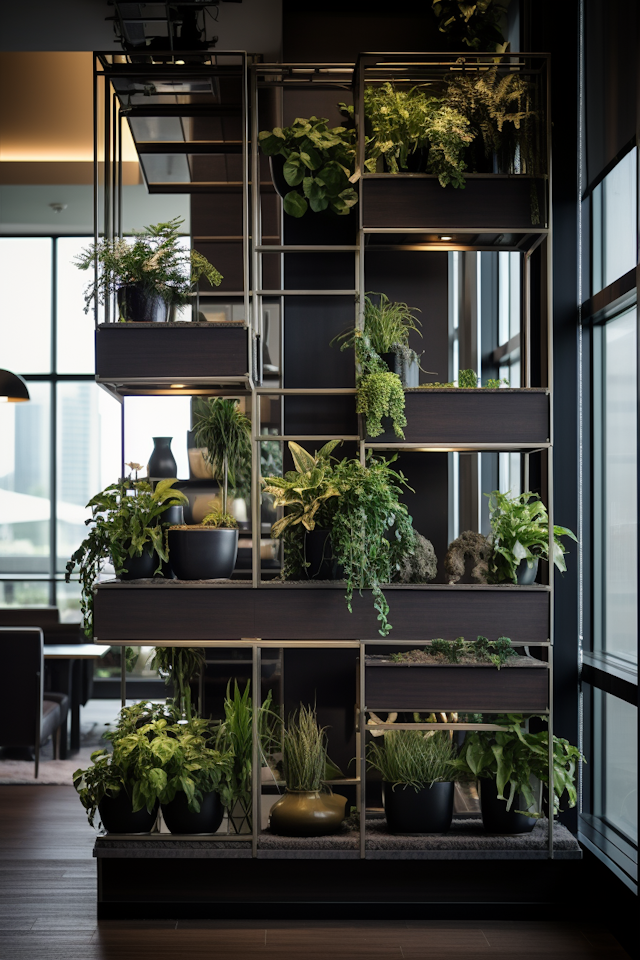 Elegant Modern Industrial Plant Shelf with Lush Greenery