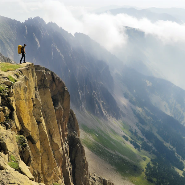 Contemplative Hiker Overlooking Misty Mountain Vista