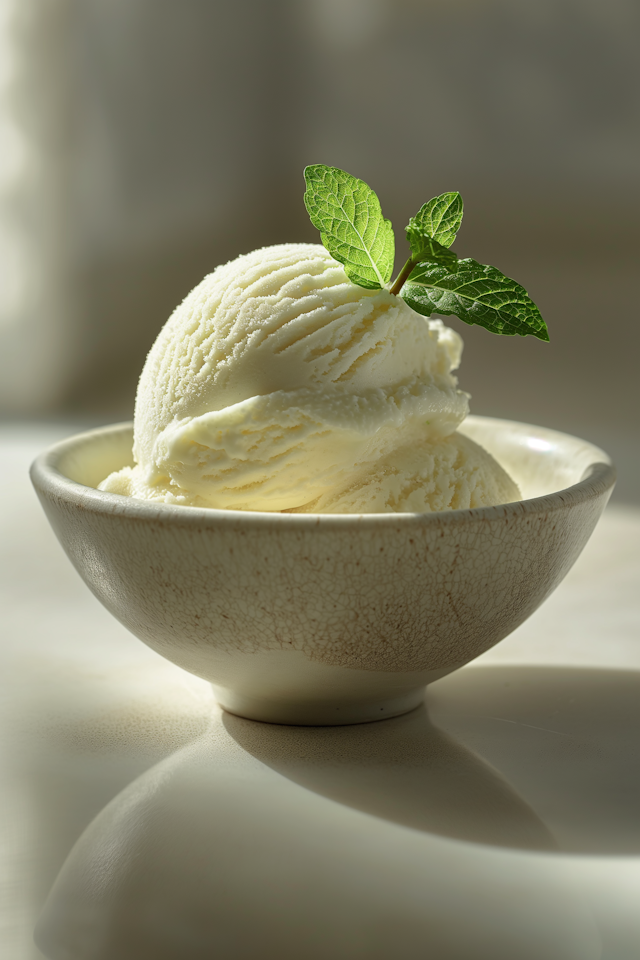 Vanilla Ice Cream with Mint in Ceramic Bowl