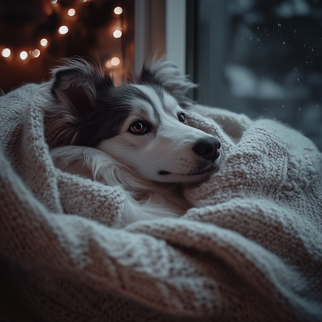 Cozy Dog in Knitted Blanket