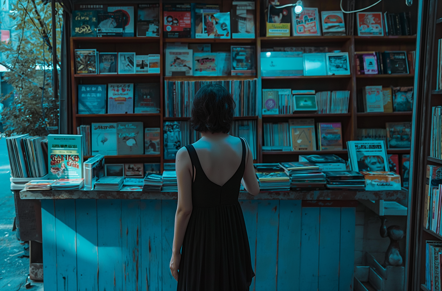 Woman in Vintage Book and Record Store