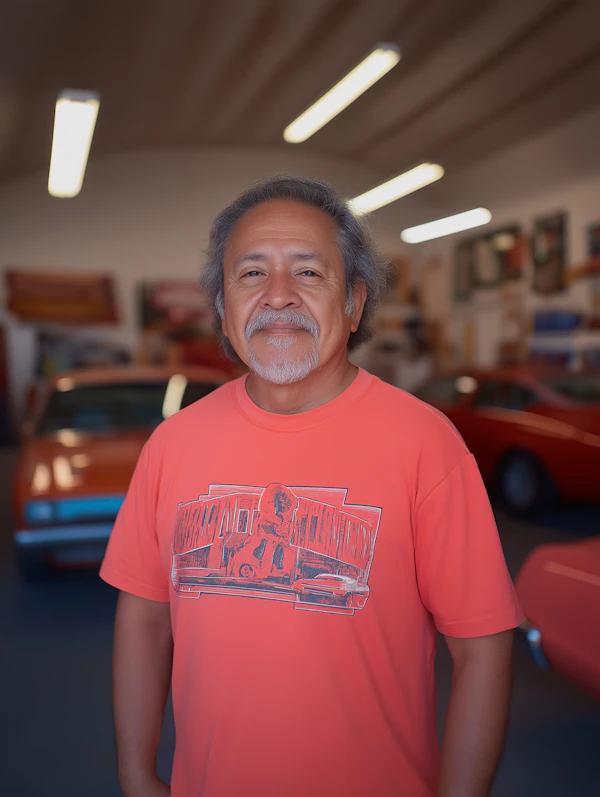 Man in Orange T-Shirt in Garage