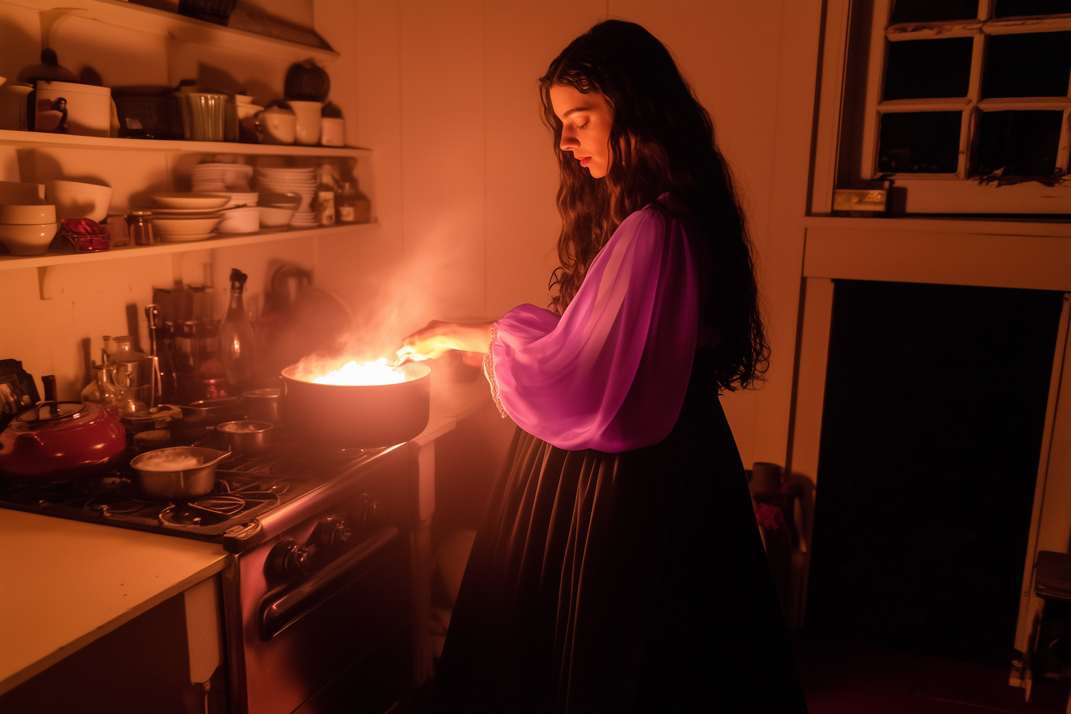 Woman Cooking in Dimly Lit Kitchen