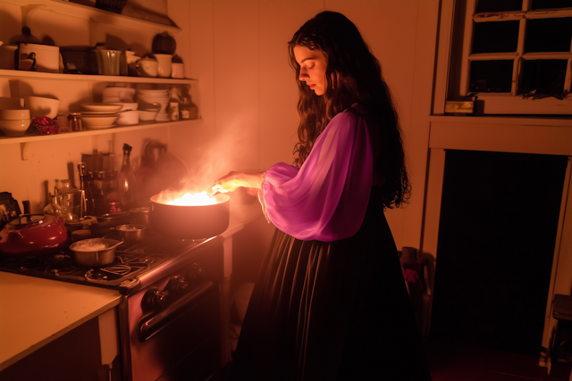 Woman Cooking in Dimly Lit Kitchen