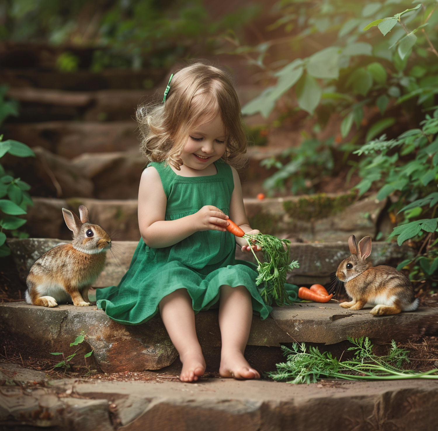 Young Girl with Rabbits in a Wooded Area