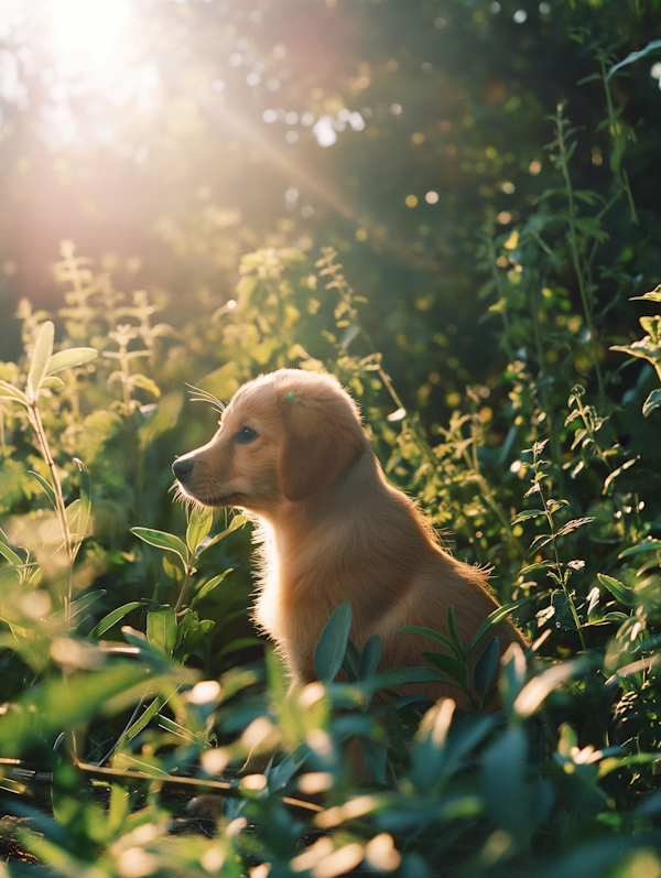 Golden Retriever Puppy in Sunlit Foliage