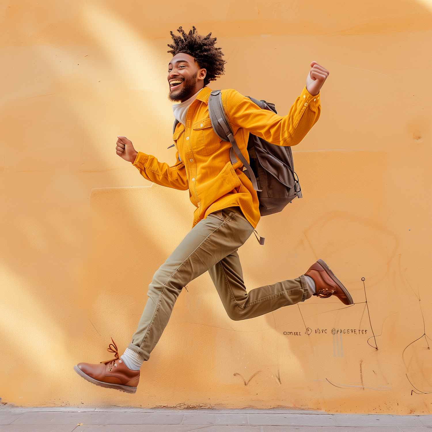 Joyous Man Leaping Against Yellow Wall