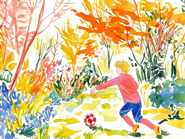 Child Playing Soccer in Abstract Landscape