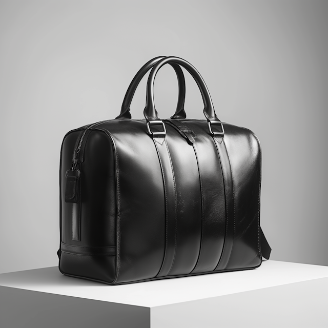 Luxurious Black Leather Bag on Podium