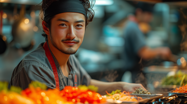 Smiling East Asian Chef with Colorful Dishes