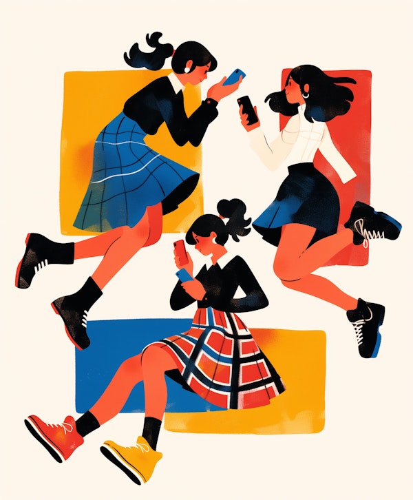 Animated Female Characters Engrossed in Smartphones