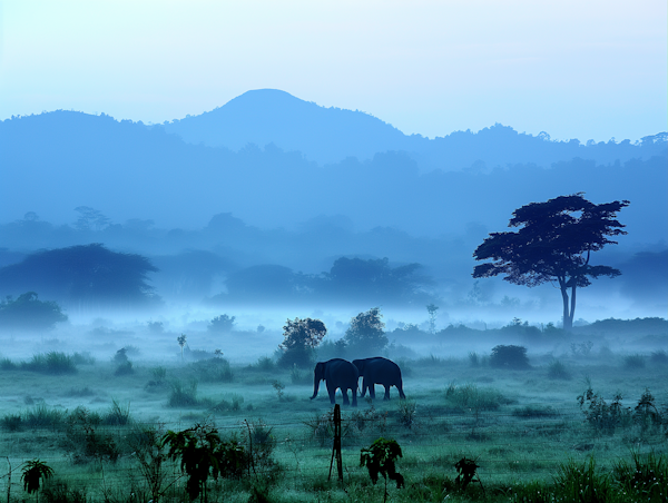 Mystic Elephants in Foggy Landscape