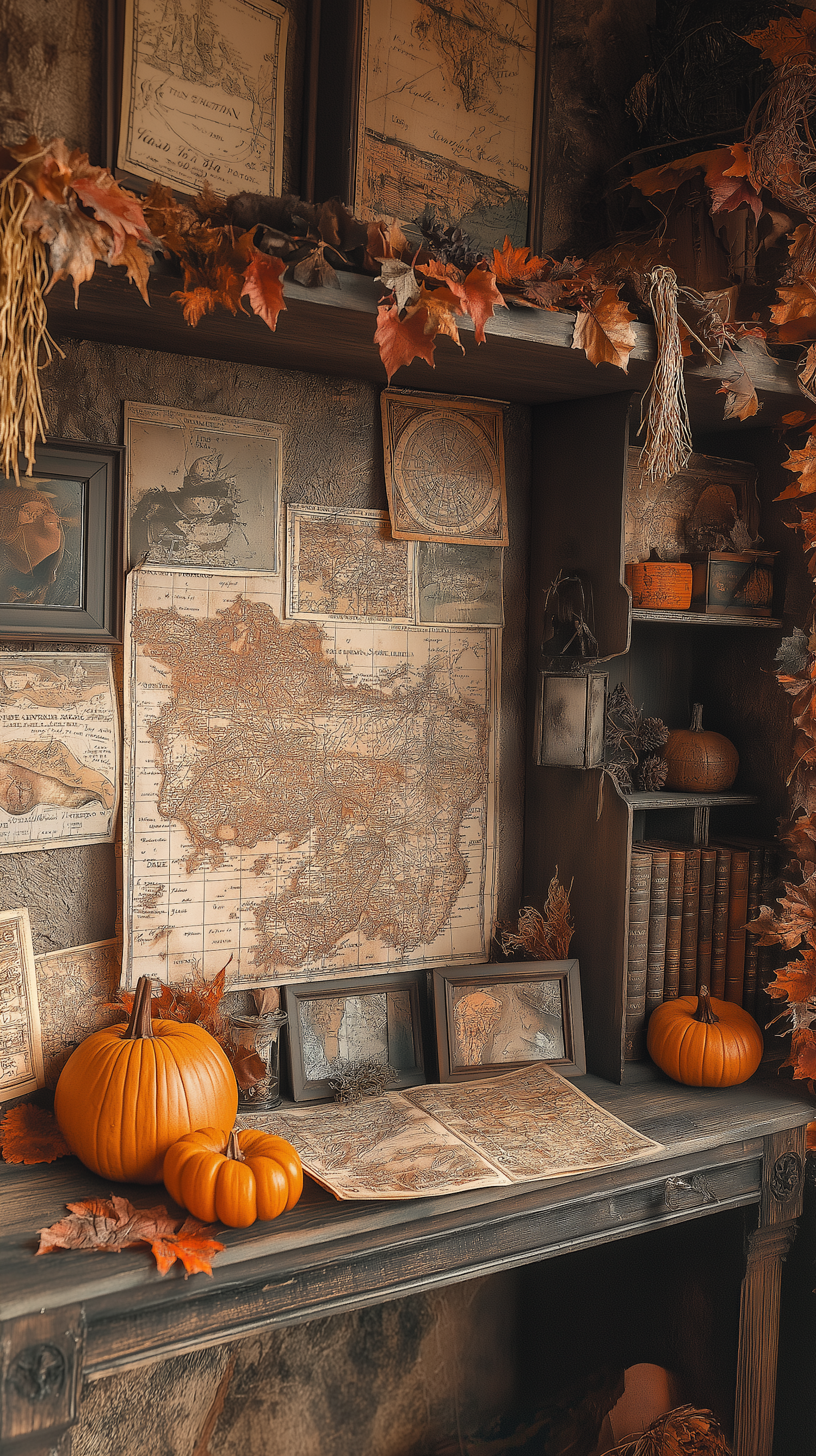 Cozy Autumn Setting with Vintage Maps and Pumpkins