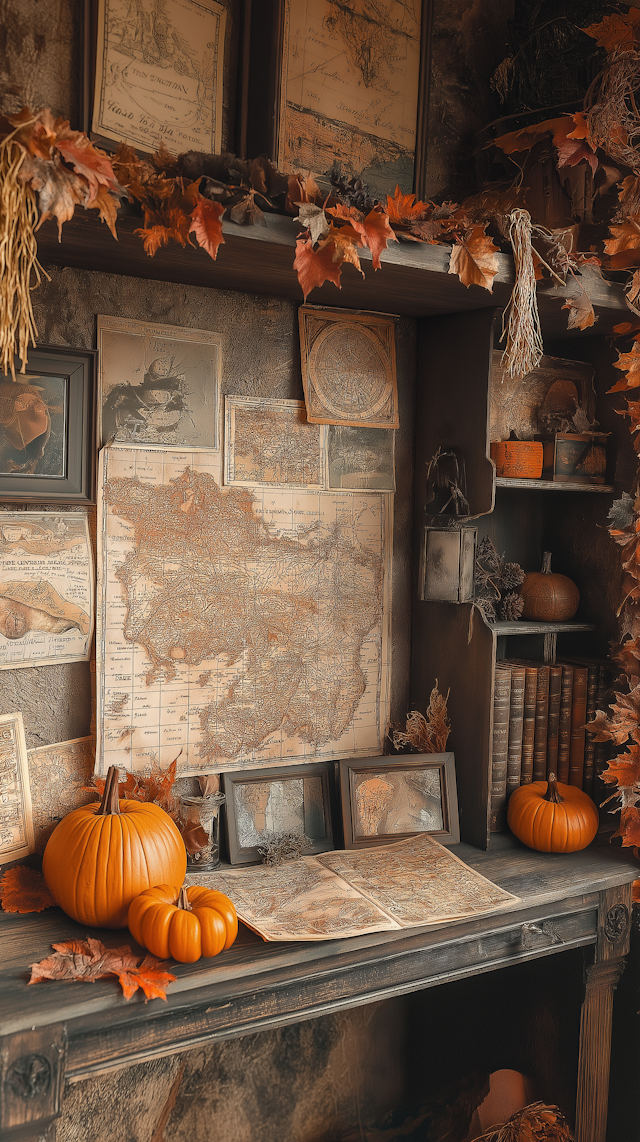 Cozy Autumn Setting with Vintage Maps and Pumpkins