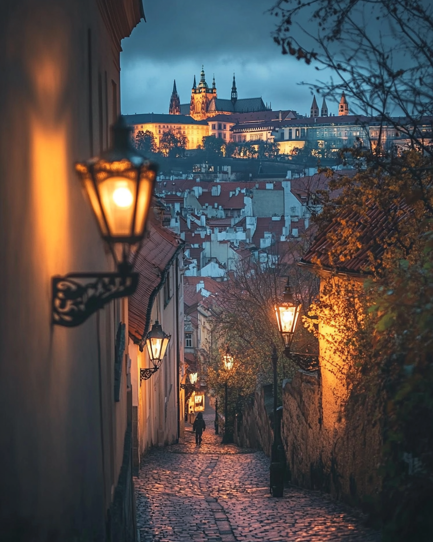 Dusk on Cobblestone Street with Castle View