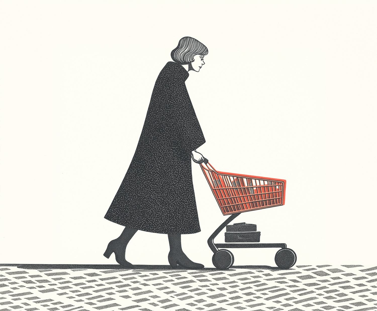 Stylized Illustration of a Woman with Shopping Cart