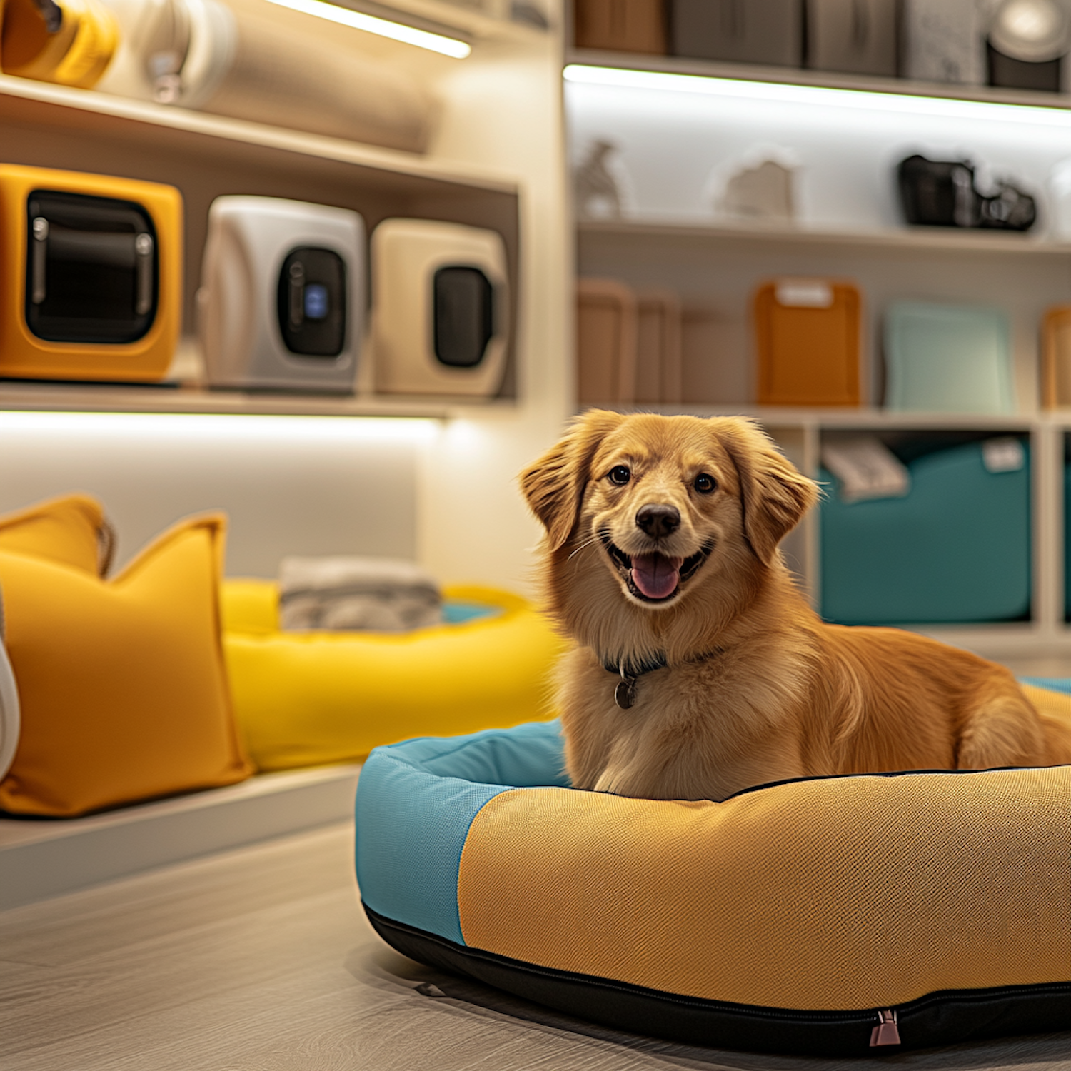 Cheerful Dog in Colorful Pet Bed