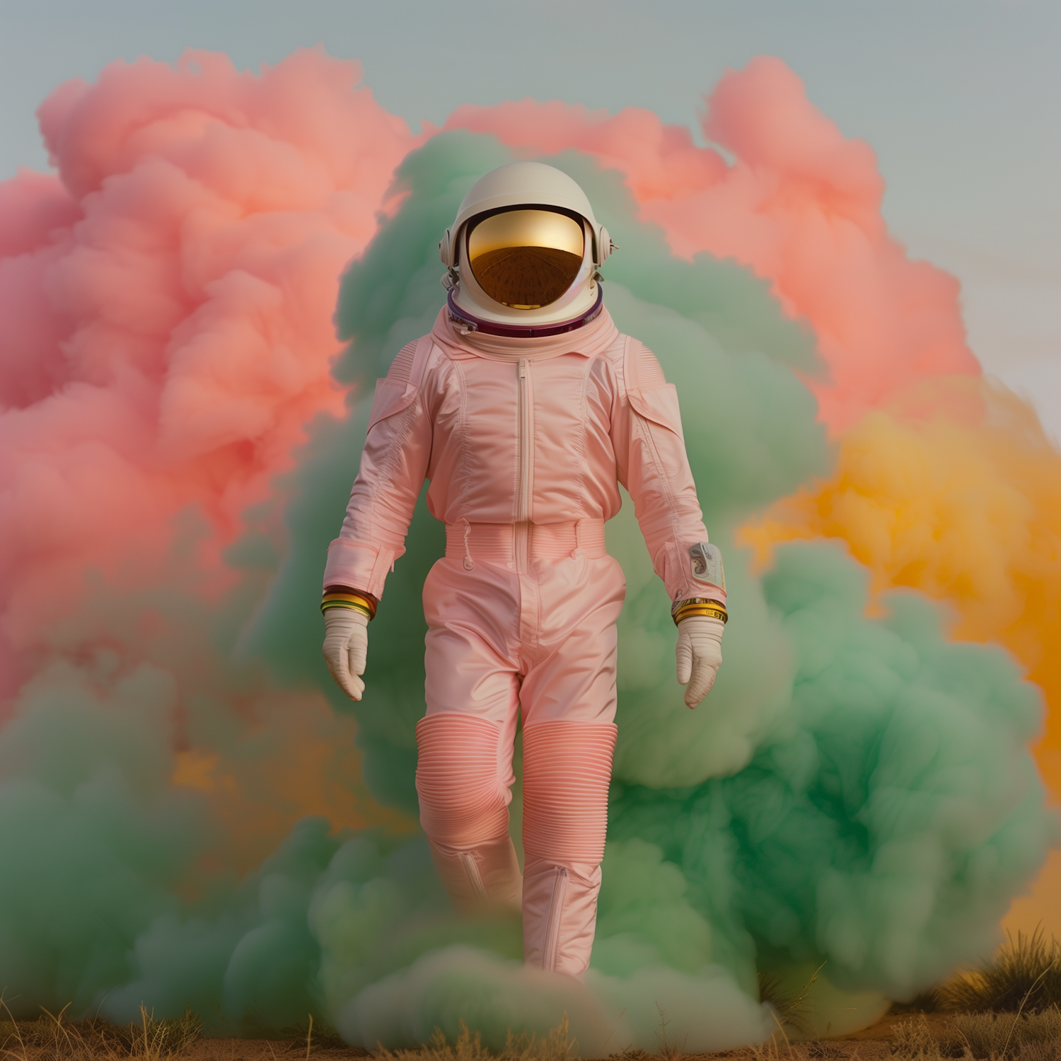 Astronaut in Pink Spacesuit with Artistic Backdrop