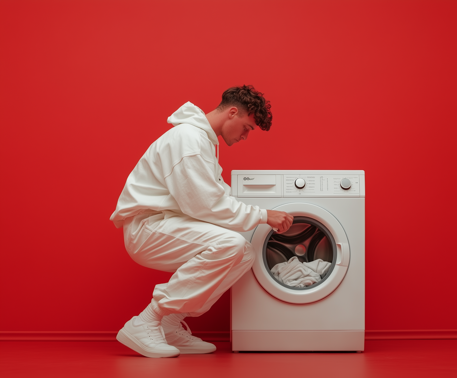 Man Doing Laundry Against Red Background