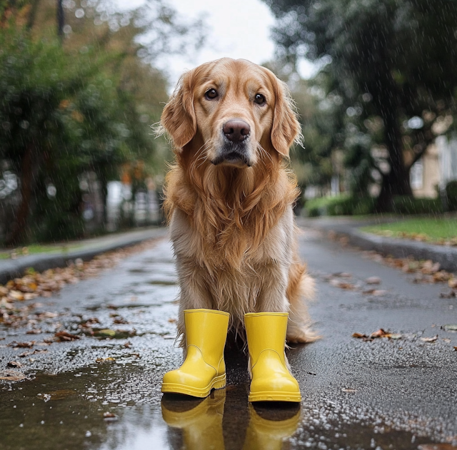 Golden Retriever in Rain Boots