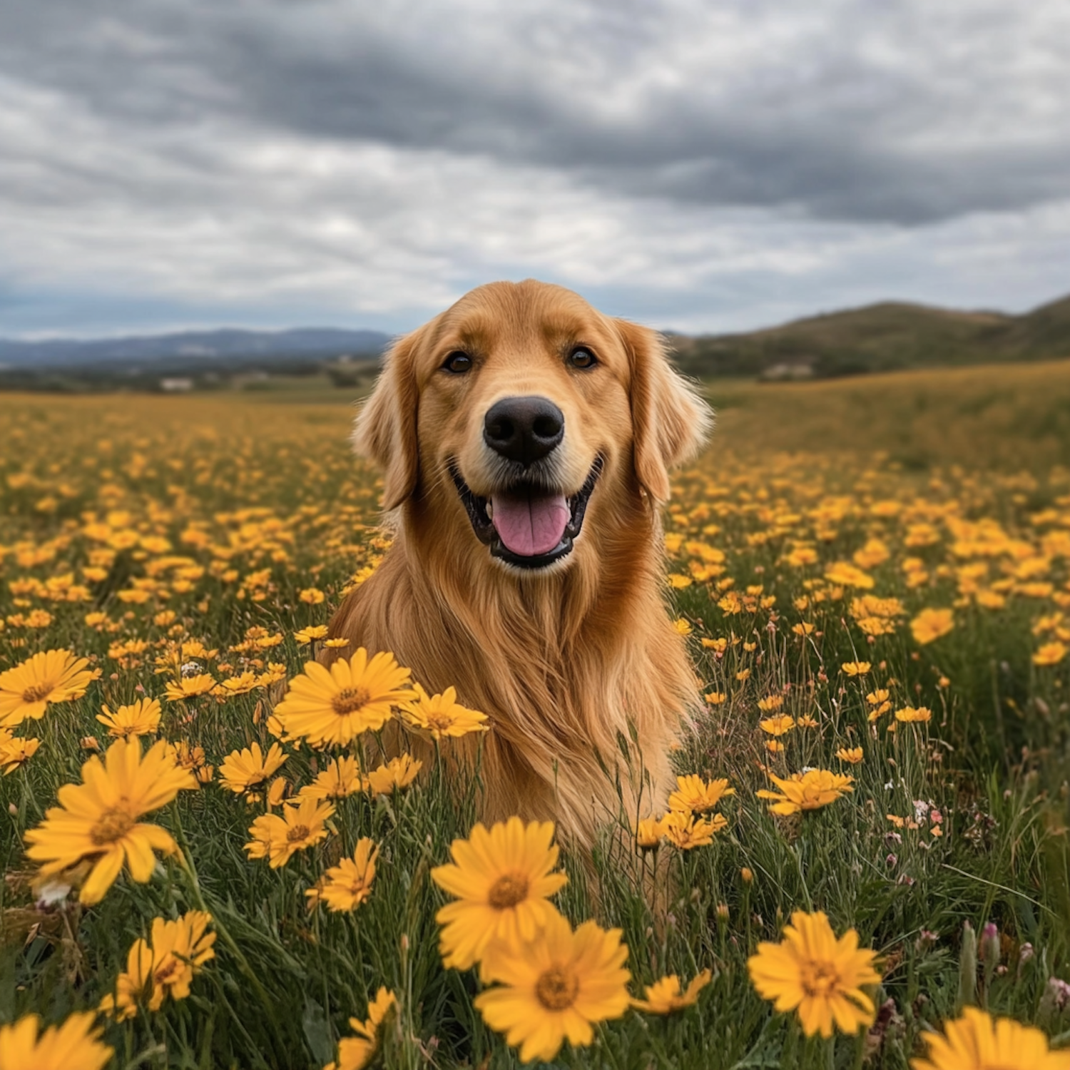 Golden Retriever in Flower Field